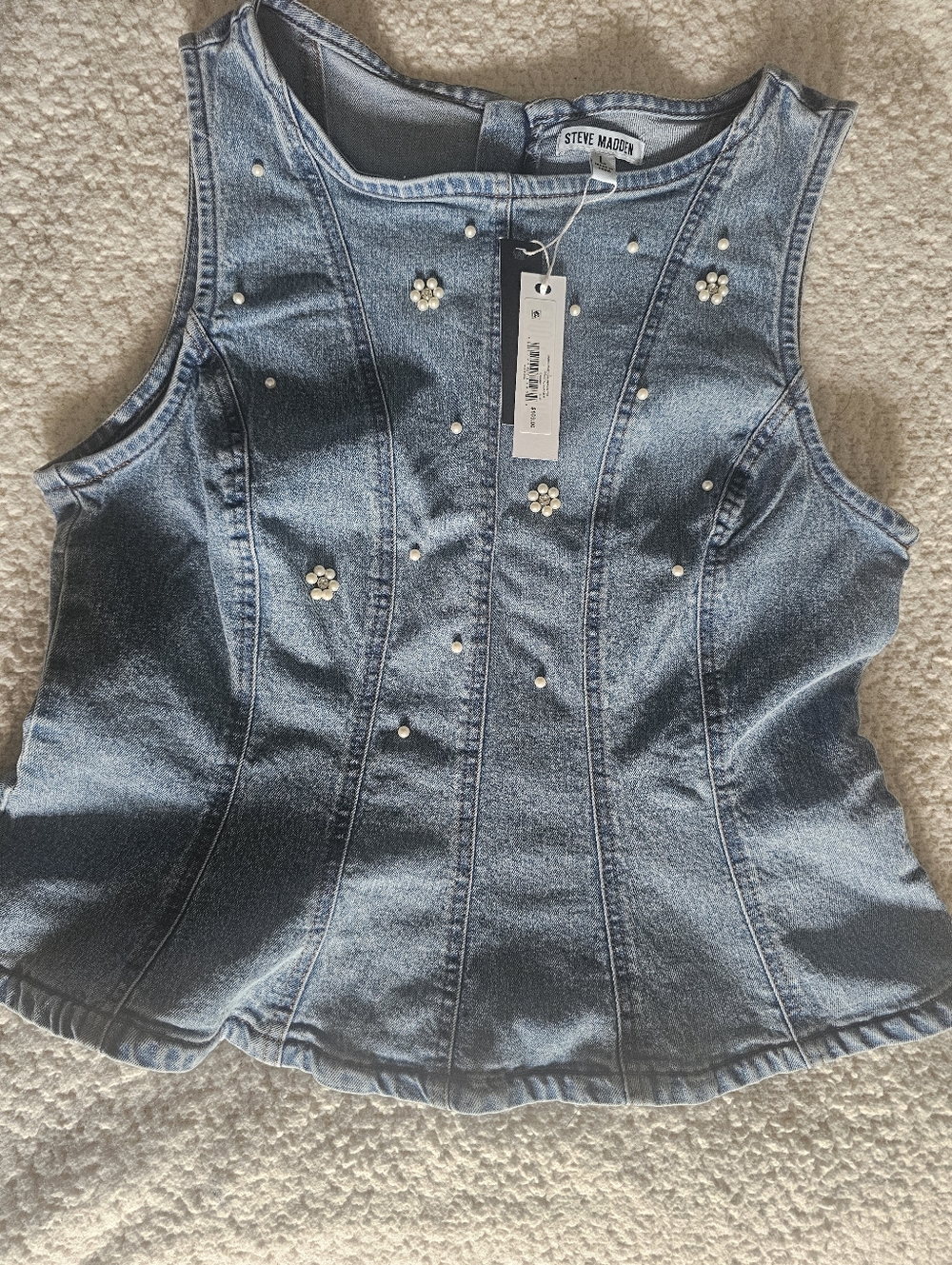 Steve Madden Light Blue Denim Tank with Pearl & Flower Accents